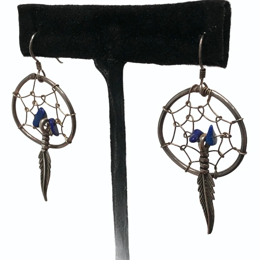 STERLING SILVER AND LAPIS CHIPS DREAM CATCHER EARRINGS